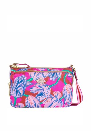 Borsa a tracolla floreale con un design in rosa e arancione con accenti blu. Realizzata in tessuto resistente, include una chiusura con zip e una tracolla regolabile.