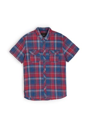 Koszula w kratę z krótkim rękawem, wykonana z bawełny w kolorach czerwonym i niebieskim, z dwoma kieszeniami na piersi i kołnierzykiem zapinanym na guziki. Tkany, fakturowany materiał.