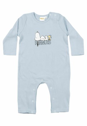 Light blue long-sleeve baby romper with snap buttons and Peanuts characters Snoopy and Woodstock lying on the word "PEANUTS" printed on front.