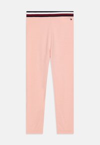 Hellrosa Leggings aus weichem Stoff, mit einem elastischen Bund in Schwarz und Rot mit Streifen und gesäumten Abschlüssen.