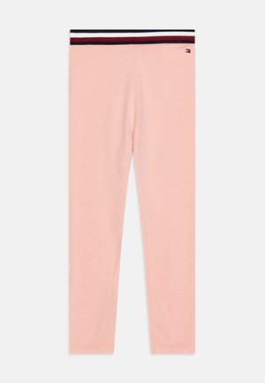 Hellrosa Leggings aus weichem Stoff, mit einem elastischen Bund in Schwarz und Rot mit Streifen und gesäumten Abschlüssen.