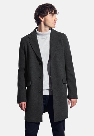 Hombre vestido con un abrigo gris oscuro, un suéter de cuello alto gris claro y pantalones oscuros, mirando a su derecha contra un fondo blanco liso.