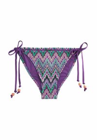 Večbarvna bikini spodnjica z valovitim vzorcem v vijolični, zeleni in roza barvi. Ima stranske zaveze z okrasnimi biseri. Gladka tekstura.