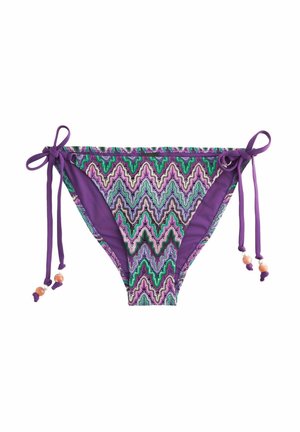 Multicolored bikini ondergoed met een golvend patroon in paars, groen en roze. Voorzien van zijstrikjes met decoratieve kraaltjes. Soepele textuur.