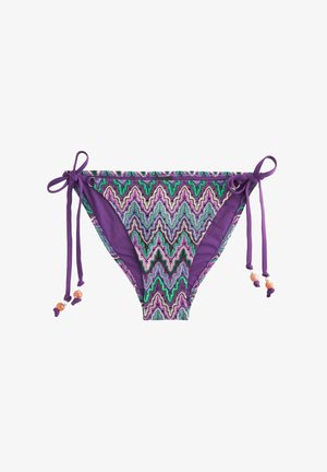 Flerfärgad bikiniunderdel med ett vågigt mönster i lila, grönt och rosa. Har sidband med dekorativa pärlor. Slät textur.