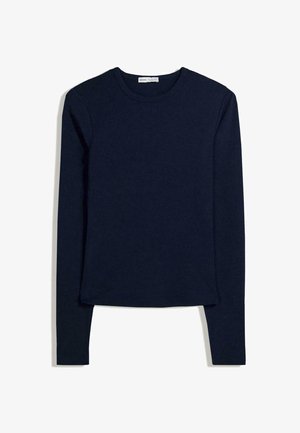 Navy long-sleeve T-shirt made from soft fabric. Features a crew neckline and straight hem. Simple, solid design without patterns or embellishments.