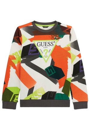 Bluza Guess z długim rękawem z abstrakcyjnymi, geometrycznymi wzorami w kolorach pomarańczowym, zielonym, czarnym i białym oraz centralnym trójkątnym logo Guess.