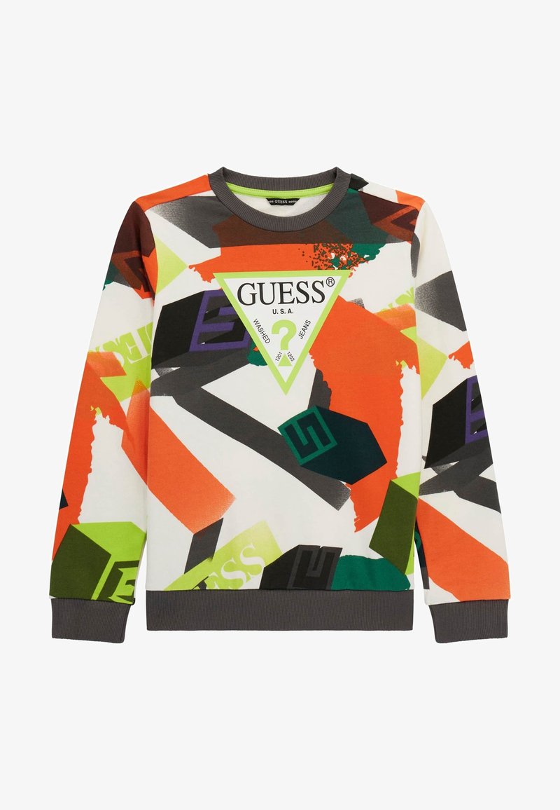 Sweat-shirt Guess à manches longues avec des motifs géométriques abstraits en orange, vert, noir et blanc, et un logo central en forme de triangle Guess.