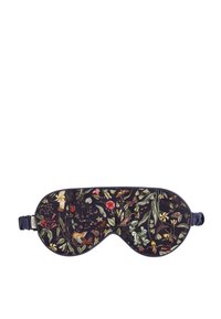Sleep mask in navy fabric featuring colorful floral and bird patterns. Soft texture with elastic band for secure fit.