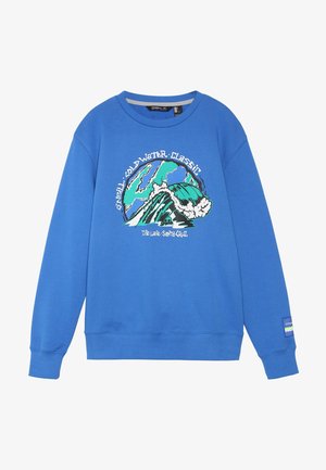 Niebieska bluza z okrągłym dekoltem z grafiką zielonej morskiej fali oraz tekstem "O'Neill Cold Water Classic" i "The Lane - Santa Cruz."