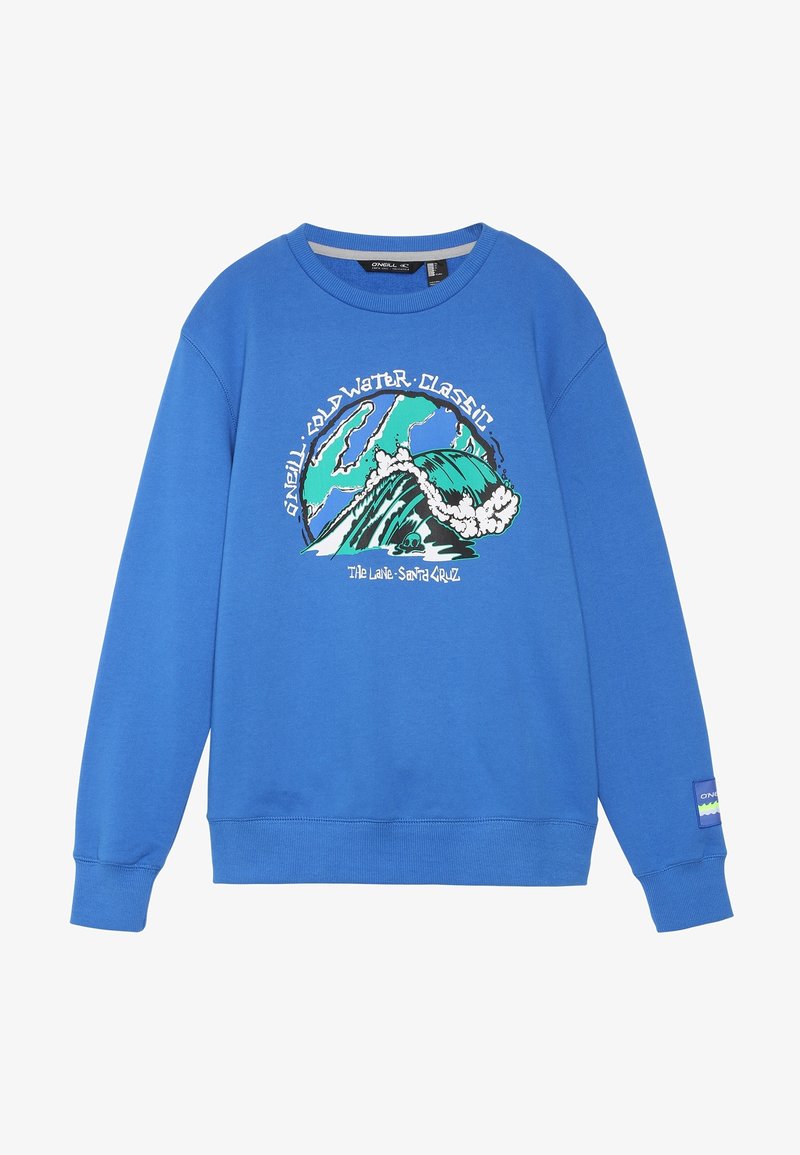 Sweat-shirt bleu à col rond avec un motif d'une vague océanique verte et le texte "O'Neill Cold Water Classic" ainsi que "The Lane - Santa Cruz".