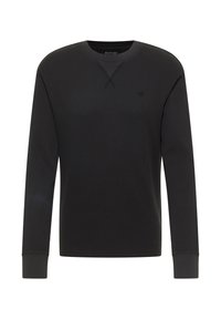 Melnā garroku džemperis ar teksturētu adījuma rakstu. Ar apaļu kaklu un ribotām aprocēm, uz krūtīm neliels logotips.