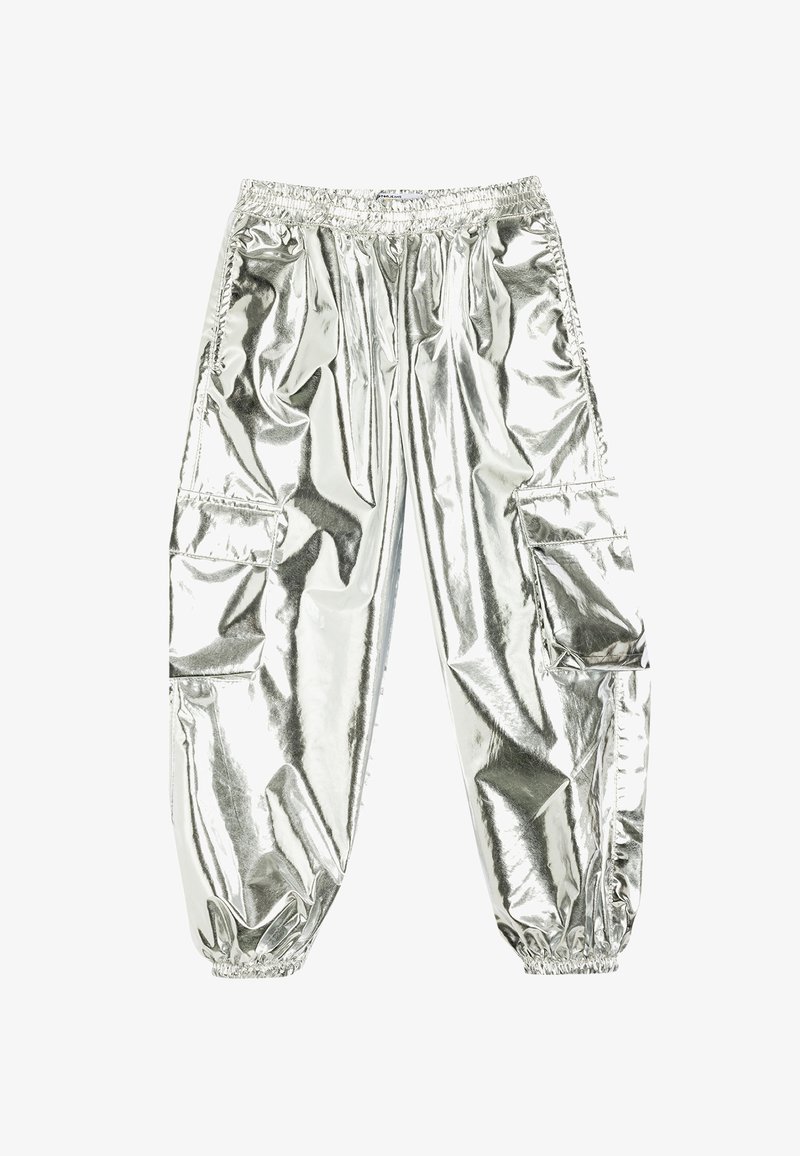 Silver metallic cargo pants with an elastic waistband, drawstring cuffs, and two side pockets, featuring a smooth, reflective texture.
