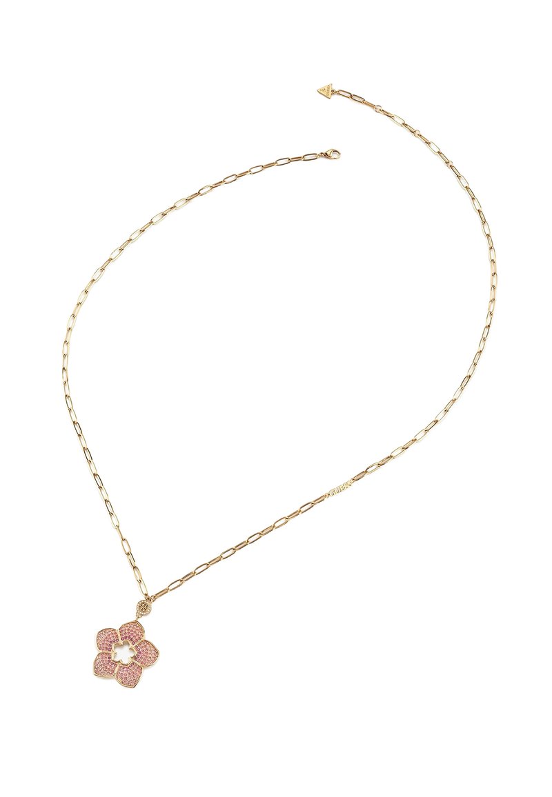 Gouden ketting met een schakeldesign, voorzien van een roze bloemenhanger versierd met kleine edelstenen. De ketting is verlengd met ovale schakels.