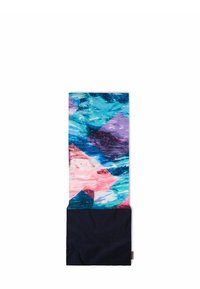 Gaiter de cuello Buff multicolor con patrones abstractos en azul, rosa y púrpura. El material es elástico y cuenta con una sección inferior sólida en marino.