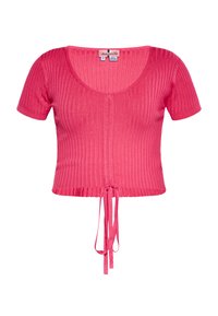 Top scurt cu mâneci scurte, de culoare roz, cu un decolteu rotund și o închidere ajustabilă la tiv. Fabricat dintr-un material elastic.