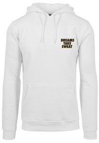 Biely bavlnený hoodie s predným vreckom typu kangaroo. Má potlačený slogan "SNY POTREBUJÚ POT" v čiernej a zlatej farbe na ľavej strane hrude.