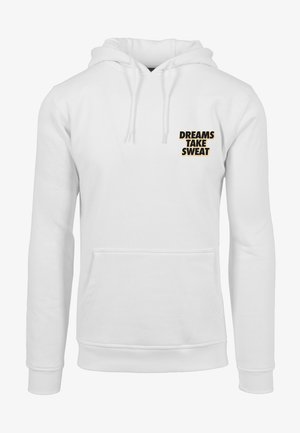 Biely bavlnený hoodie s predným vreckom typu kangaroo. Má potlačený slogan "SNY POTREBUJÚ POT" v čiernej a zlatej farbe na ľavej strane hrude.