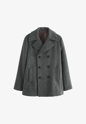 Manteau gris en laine à double boutonnière avec larges revers, deux poches avant et une doublure bordeaux foncé. Tissu texturé avec une coupe ajustée.