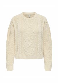 Pullover mit Zopfmuster in Cremefarbe; verfügt über einen Rundhalsausschnitt, gerippte Bündchen und Saum, mit strukturierten Mustern und einer taillierten Silhouette.