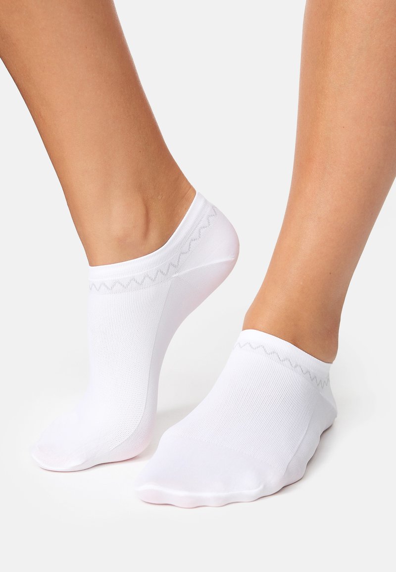 Calzini bianchi alla caviglia con una texture liscia, caratterizzati da un bordo superiore scallop e un design leggero, adatti per l'abbigliamento casual.