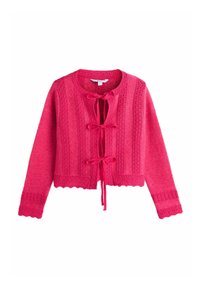 Cardigan roz tricotat, cropped, cu mâneci lungi, modele verticale decorative, margini ondulate și trei fundițe legate pe față.