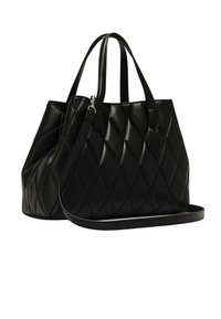 Borsa tote in pelle trapuntata nera con motivo a diamante, doppi manici superiori e tracolla staccabile. Texture liscia con una forma strutturata.