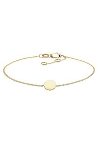 Goldfarbener Armreif mit einem gedrehten Kettendesign. Mit einem glatten, runden Anhänger als Blickfang. Mit einem Karabinerverschluss versehen.