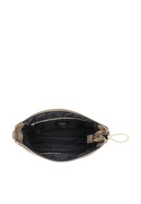 Borsa di stoffa marrone con chiusura a zip, dettagli beige e una fodera interna liscia. Include una piccola tasca con zip all'interno.