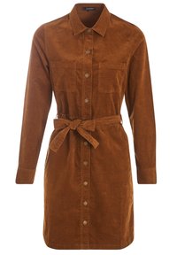 Hnědé manšestrové šaty s dlouhými rukávy, knoflíkovým zapínáním vpředu, dvěma náprsními kapsami a páskem na zavázání v pase. Texturovaný materiál.