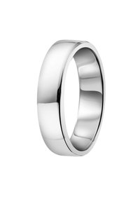 Zilveren metalen ring met een gladde, gepolijste afwerking. Beschikt over een klassieke, ronde bandontwerp, uniforme breedte en een glanzend oppervlak.