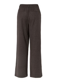 Ciemnoszare spodnie o szerokich nogawkach z elastycznym paskiem w talii i dwoma tylnymi kieszeniami wszytymi, pokazane od tyłu na białym tle.