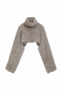 Pulover crop gri cu guler înalt, mâneci lungi și textură plușată, prezentat pe un fundal alb.