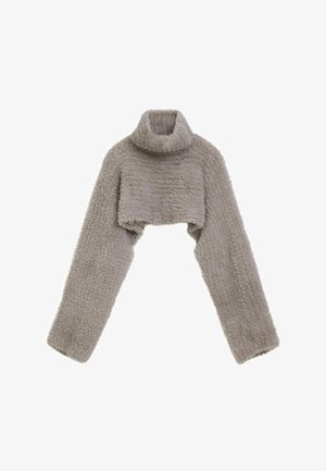 Grauer, kuscheliger, kurz geschnittener Rollkragenpullover mit langen Ärmeln und weicher Textur, präsentiert vor weißem Hintergrund.