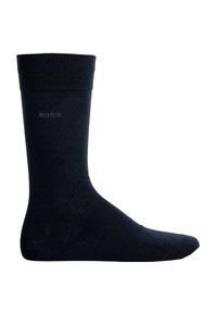 Schwarze Baumwollsocke mit geripptem Bündchen, versehen mit einem dezenten Logo an der Seite. Glatte Textur und Design in standardmäßiger Knielänge.