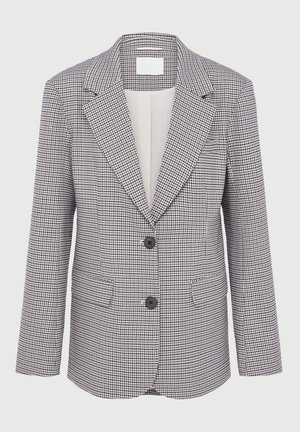 Black and white checkered blazer with notch lapels, two front buttons, and flap pockets, displayed on a white background.