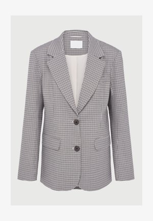 Melnbalts šahs cekuls ar izgrieztiem uzvalka klājiem, diviem priekšējiem pogām un kabatām ar atloku, izvietots uz balta fona.