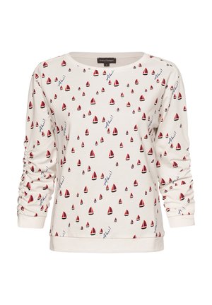 Cremfarbener Langarm-Sweatshirt mit sich wiederholendem Muster aus kleinen roten und marineblauen Segelbooten, mit gerafften Ärmeln und rundem Hals.