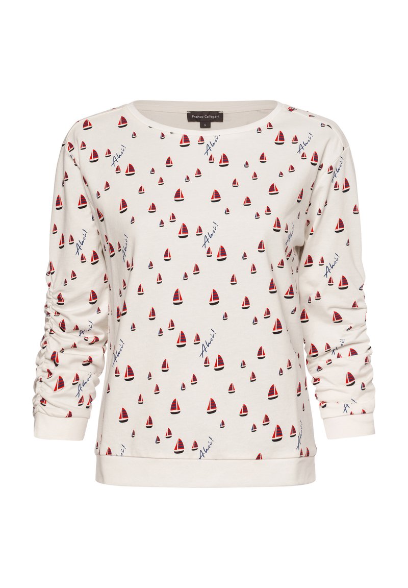 Cream long-sleeve sweatshirt with a repeating pattern of small red and navy sailboats, featuring gathered sleeves and a rounded neck.
