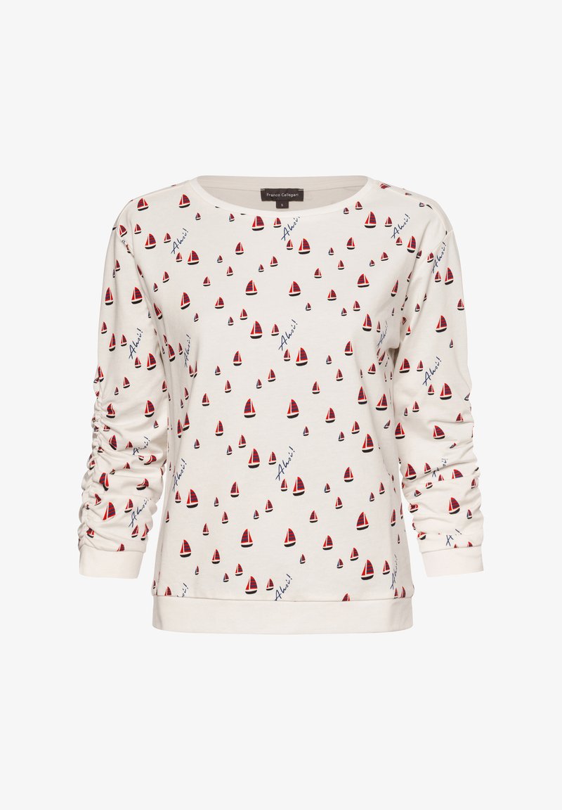 Cream long-sleeve sweatshirt with a repeating pattern of small red and navy sailboats, featuring gathered sleeves and a rounded neck.