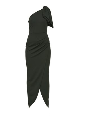 One-shoulder dark green dress in stretchy fabric, featuring a draped bodice, ruched side, and a tapered pencil skirt with a side slit.
