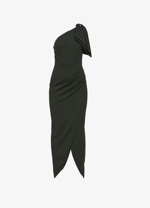 Tmavě zelené šaty na jedno rameno vyrobené z elastického materiálu, s volánovými živůtky, na jedné straně v řasení a úzkou tužkovou sukní s bočním rozparkem.