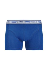 Boxers en coton bleu avec une taille élastique douce portant le texte "JACK & JONES" et un design lisse et ajusté.