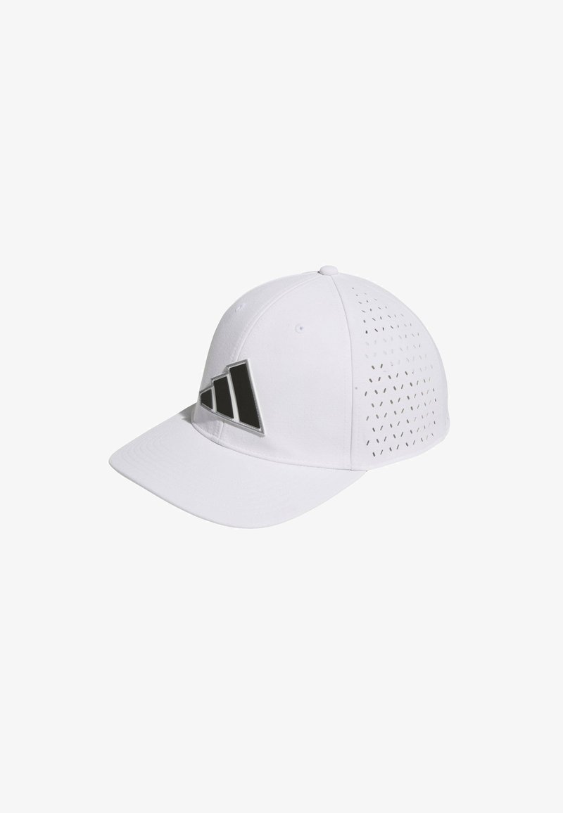 White cap made of fabric, featuring a solid front, mesh ventilation on the sides, and a metallic black logo on the front panel.