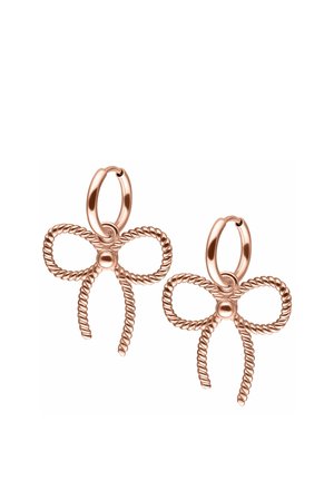 Pair of rose gold hoop earrings with twisted wire bow-shaped charms hanging from each hoop on a white background.