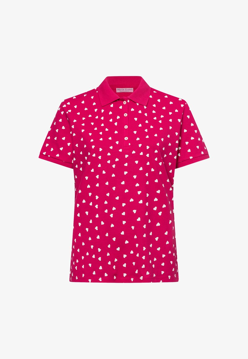 Polo fuchsia avec un motif de petits cœurs blancs, col classique et patte de boutonnage. Tissu en coton doux.