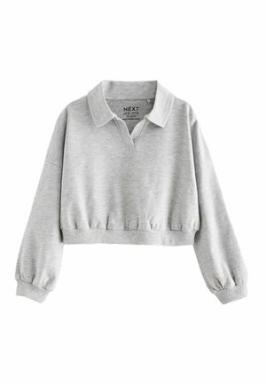Sweatshirt gris court avec col, manches longues et ourlet élastiqué. Fabriqué en matériau doux avec un design simple et épuré.