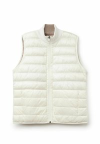 Witte gewatteerde vest met hoge kraag, volledige rits aan de voorkant en twee zijzakken, met een gestikte ontwerp en een gladde textuur.