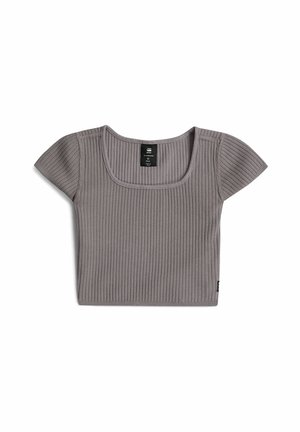 Top gris court à manches courtes, en côte, avec un col carré et une étiquette de taille noire à l’intérieur du col.