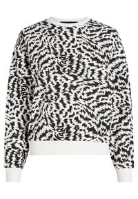 Musta-valkoinen painettu collegepaita, jossa on dynaaminen aaltoaiheinen kuvio, pyöreä pääntie, pitkät hihat sekä resorit hihansuissa ja helmassa. Pehmeä kangaspinta.